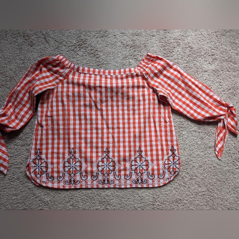 top Crown & Ivy Womens Top Off Shoulder Orange gingham check 3/4 tie sleeve